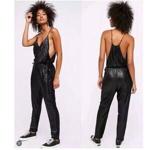 Free People Black Sequin Jumpsuit Small Sleeveless Adjustable Waist Drawstring
